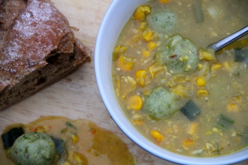 It’ll be ok – Asian style sweetcorn soup with chilli, cumin and coriander rice flour dumplings